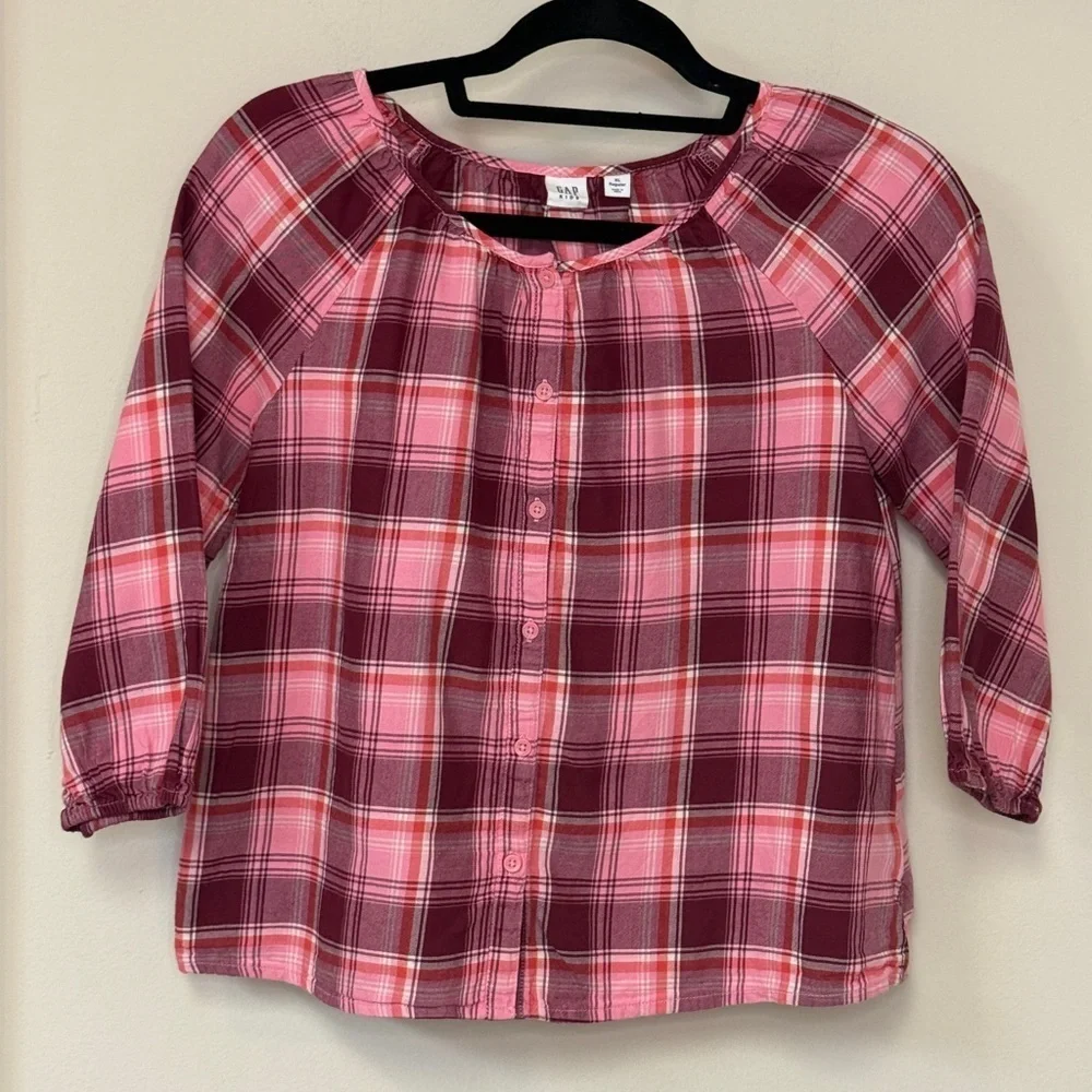 GAP Kid: Girls Pink / White / Red Plaid Button Down Shirt, Size XL
